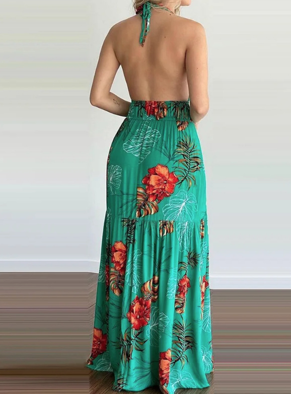 Neckholder Träger Maxi Sommerkleid in Grün mit Blumenmuster Plissiert