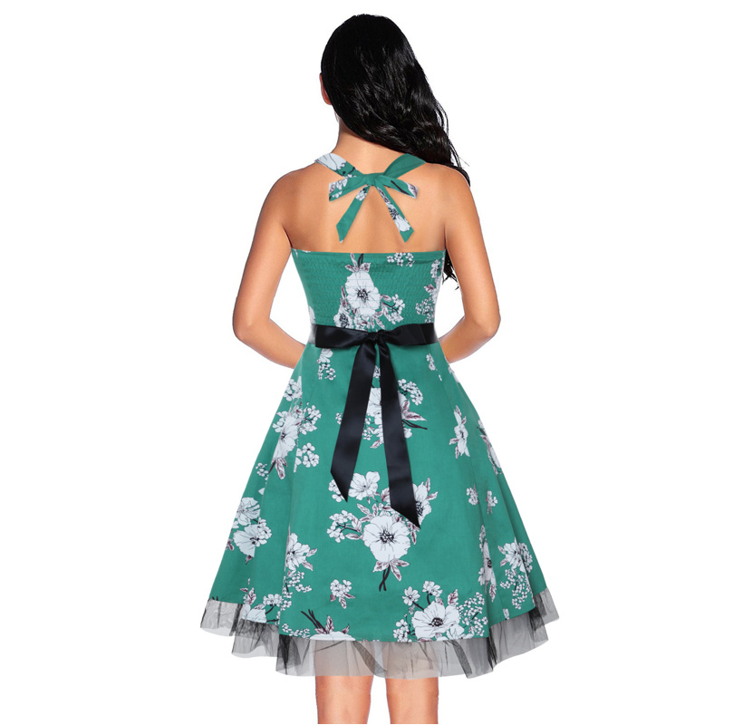 Neckholder Träger Rockabilly Kleid in Grün mit Blumen