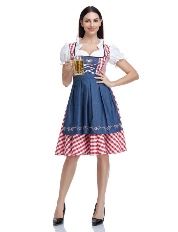 Oktoberfest Dirndl Cosplay Kleid Kariert Blau Rot