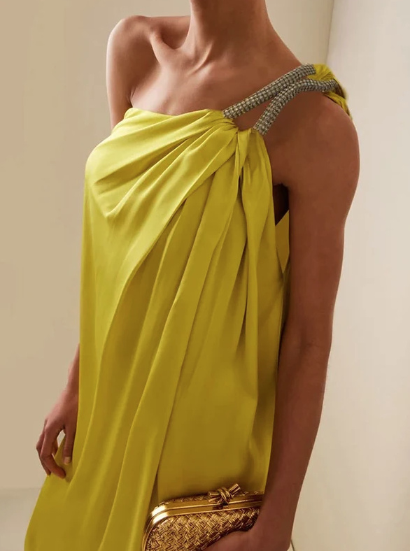 One Shoulder Cut Out Chiffon Kleid Elegant in Gelb