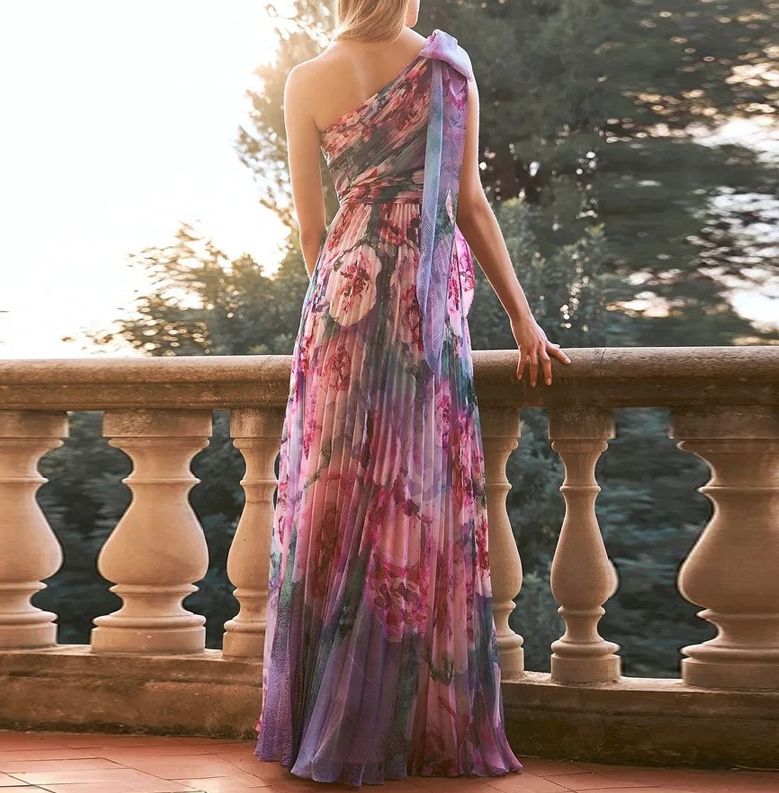 One Shoulder Plissee Maxi Sommerkleid Elegant mit Blumenmuster Lang