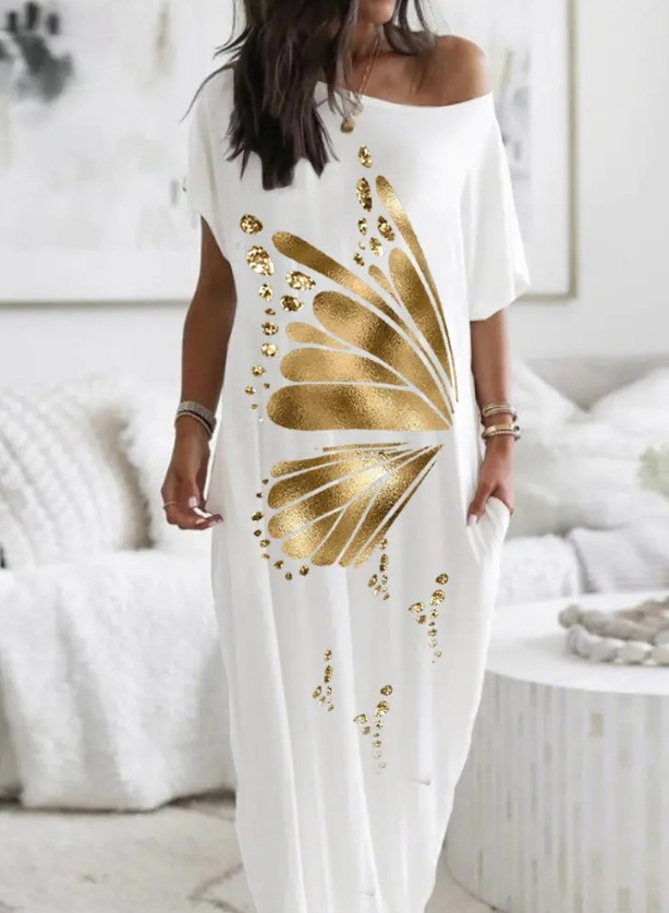 One Shoulder Sommerkleid in Weiß mit Schmetterling in Gold