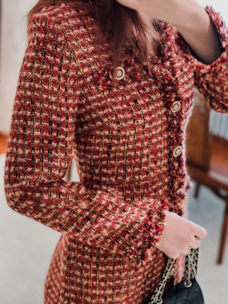 Rotes Langarm Mini Tweed Kleid Elegant