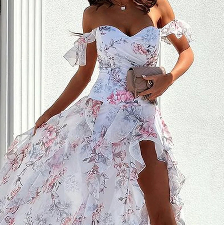 Schulterfreies A Linie Sommerkleid mit Blumenmuster Weiß