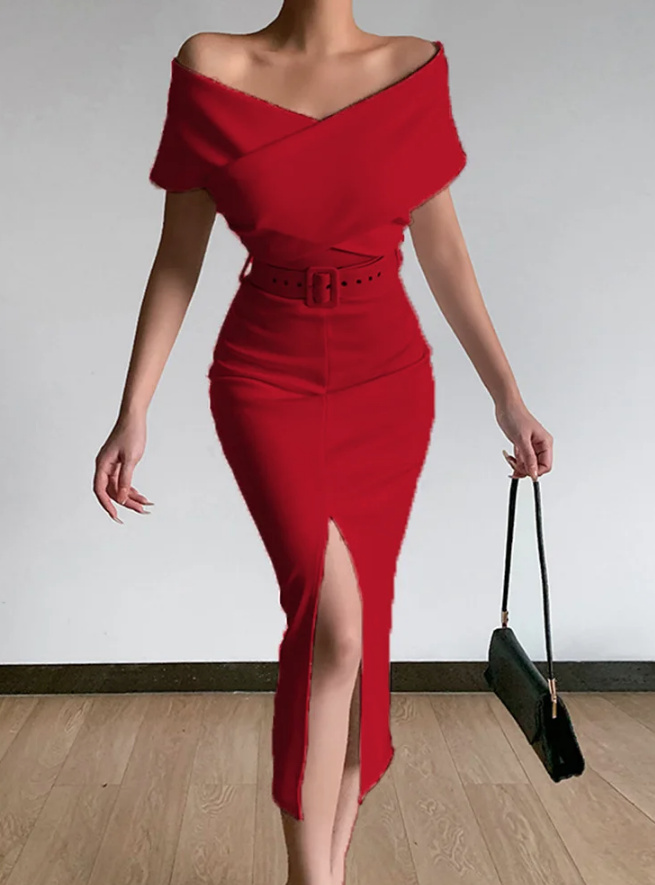 Schulterfreies Elegantes Etui Kleid 2024 Wadenlang mit Gürtel in Rot