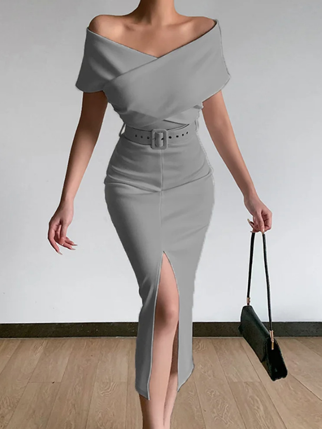 Schulterfreies Elegantes Etui Kleid 2024 Wadenlang mit Gürtel in Silbergrau