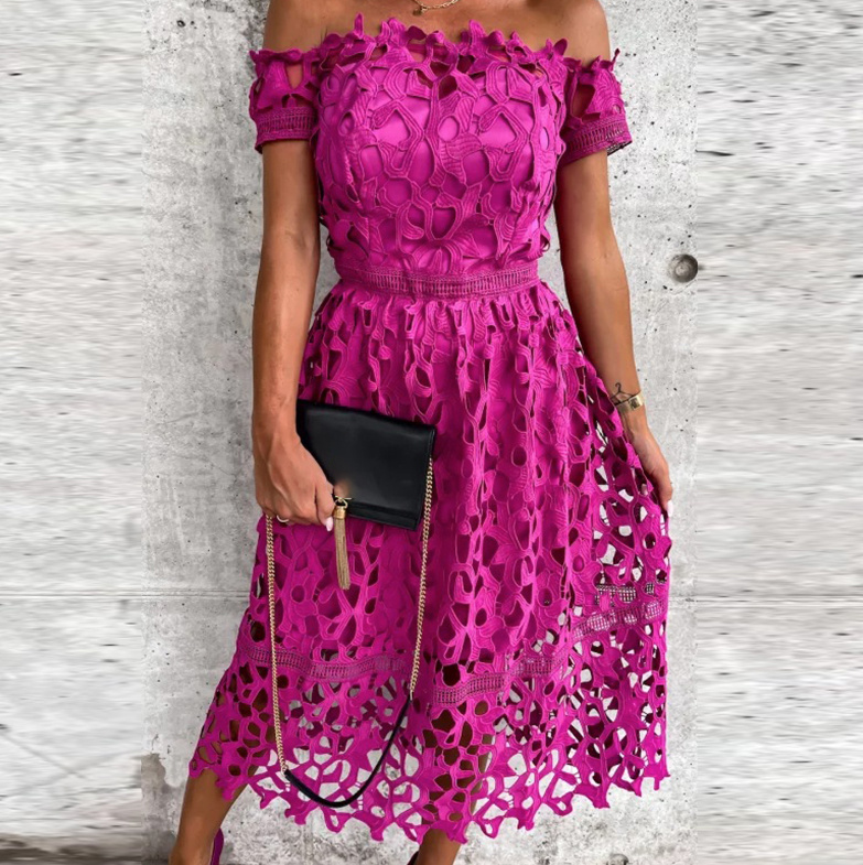 Schulterfreies Elegantes Kleid Wadenlang aus Spitze in Pink