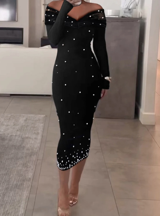 Schulterfreies Langarm Bleistift Kleid Elegant in Schwarz mit Perlen Wadenlang