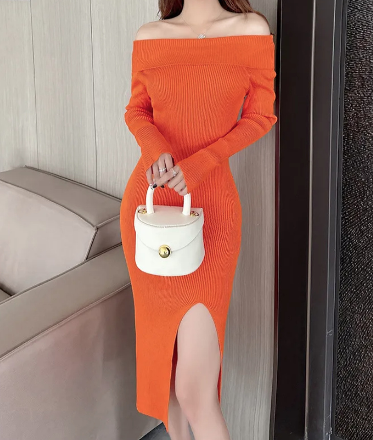 Schulterfreies Langarm Strickkleid Winterkleid mit Schlitz Orange