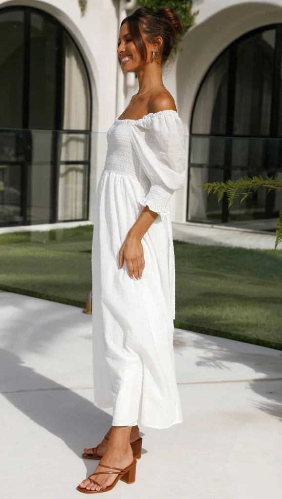 Schulterfreies Maxi Sommerkleid mit Ärmel in Weiß Lang