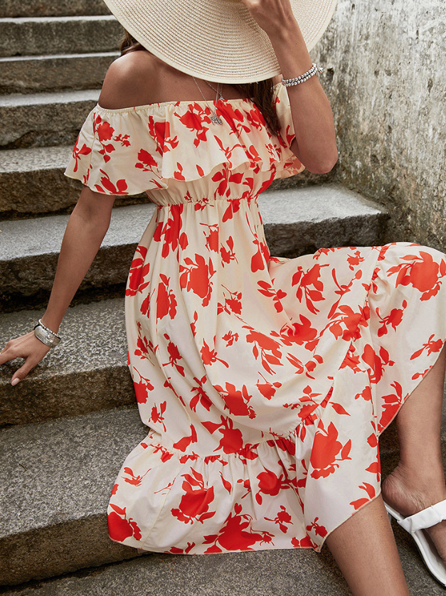 Schulterfreies Maxi Sommerkleid mit Rüschen und Blumenmuster Weiß Rot