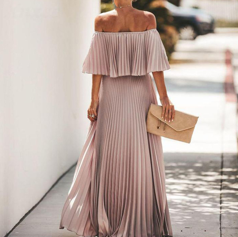 Schulterfreies Plissee Maxi Kleid Aliya Elegant in Beige Lang