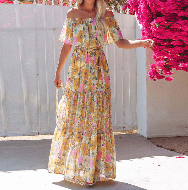 Schulterfreies Plissee Maxi Kleid Aliya Elegant in Gelb Lang Blumenmuster
