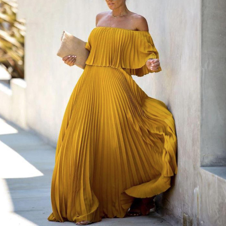 Schulterfreies Plissee Maxi Kleid Aliya Elegant in Gelb Lang