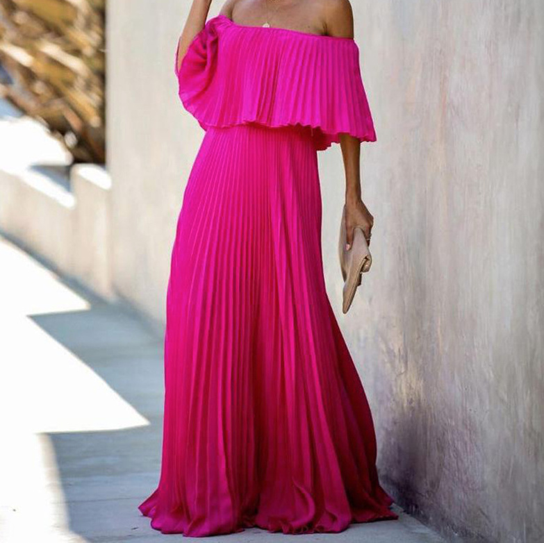 Schulterfreies Plissee Maxi Kleid Aliya Elegant in Pink Lang
