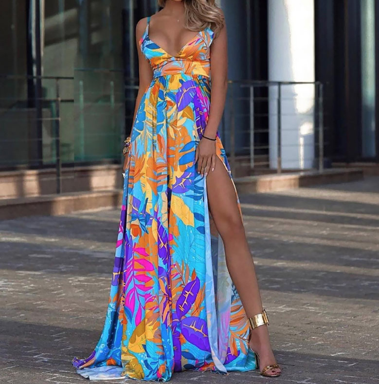 Sexy Cut Out Empire Sommerkleid Elegant in Blau mit Blumenmuster