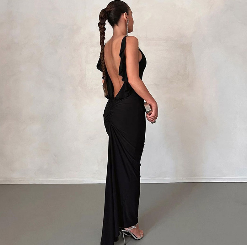 Sexy I-Linie Party Kleid Bluebell mit Rüschen und Rücken Ausschnitt Schwarz