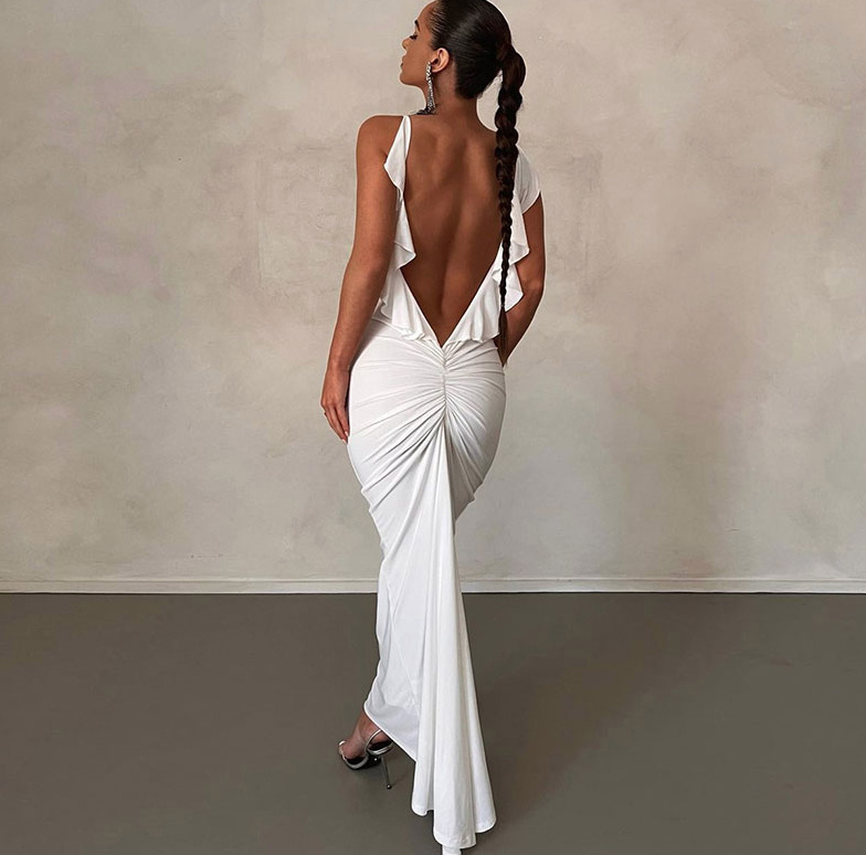 Sexy I-Linie Party Kleid Bluebell mit Rüschen und Rücken Ausschnitt Weiß