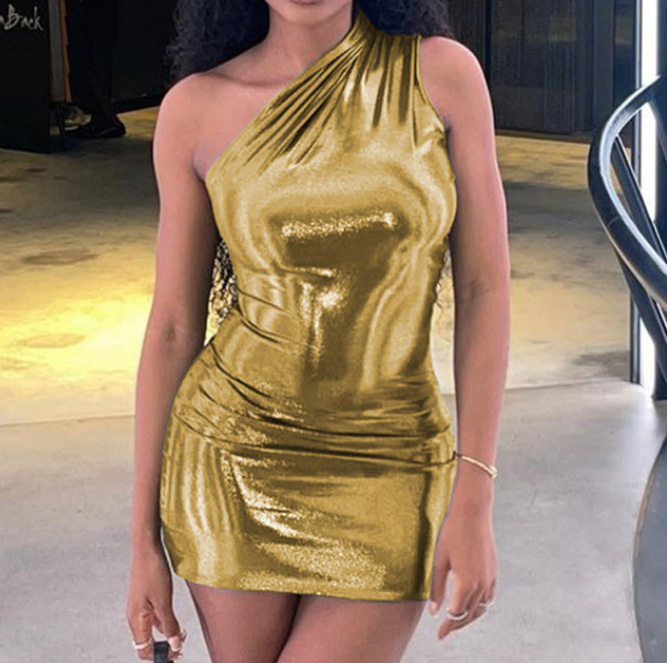 Sexy Mini PU Leder One Shoulder Glitzer Partykleid in Gold