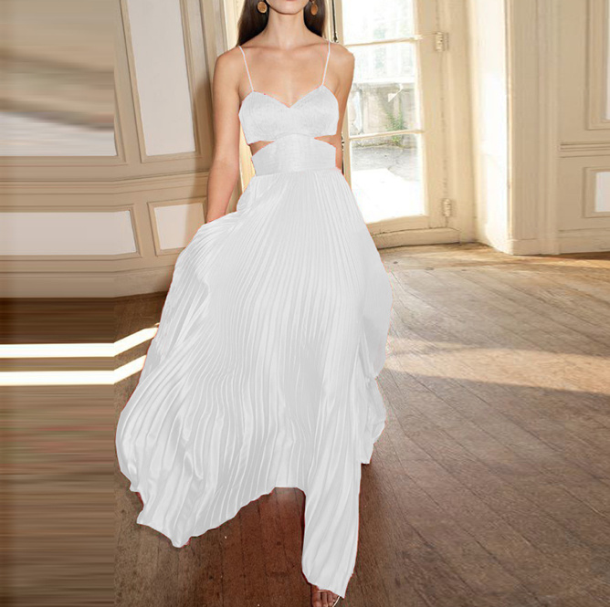 Spaghettiträger Maxi Plissee Sommer Kleid Lang in Weiß
