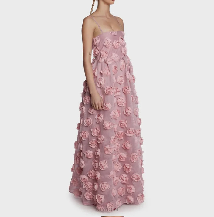 Spaghettiträger Maxi Sommerkleid Lang in Rosa mit 3D Blumen
