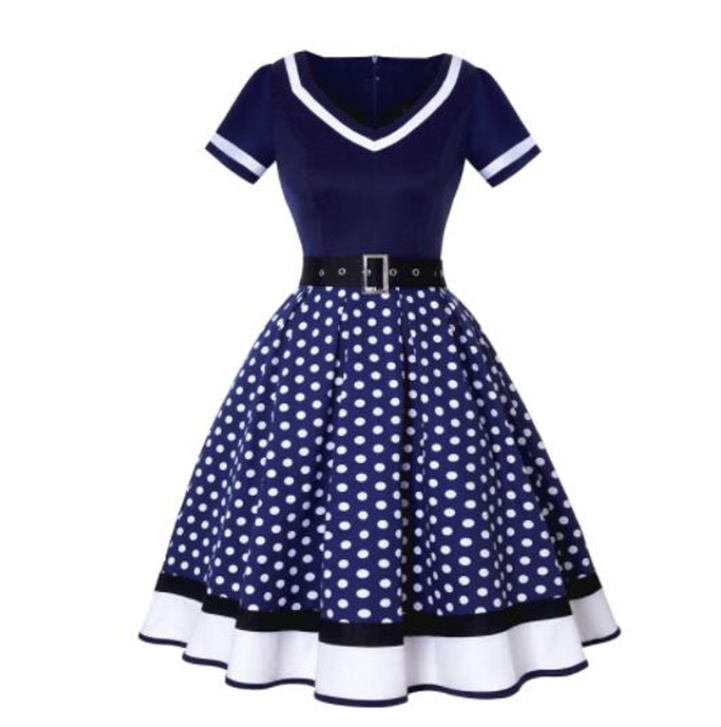 Vintage 50er Style Kurzarm Kleid in Dunkelblau Gepunktet