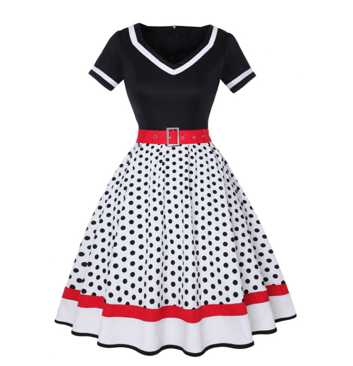 Vintage 50er Style Kurzarm Kleid in Schwarz Weiß Gepunktet