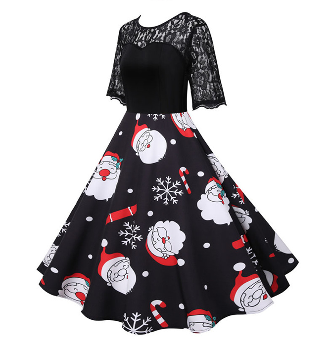 Vintage Kurzarm Weihnachtskleid Corina mit Spitze in Schwarz Festkleid
