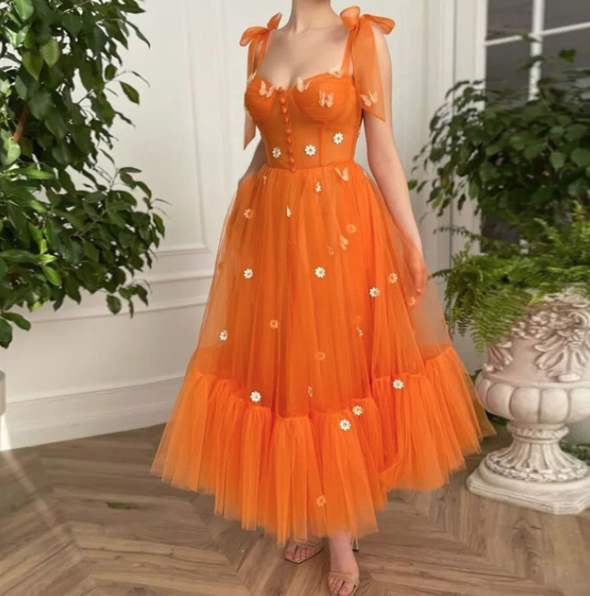 Vintage Mieder Tüll Abendkleid in Orange Knöchellang