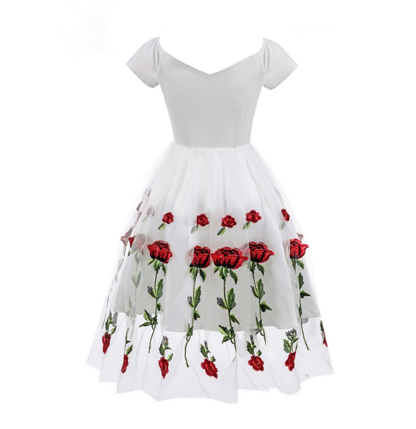 Vintage Rockabilly Kleid Elegant mit Blumen Stickereien in Weiß