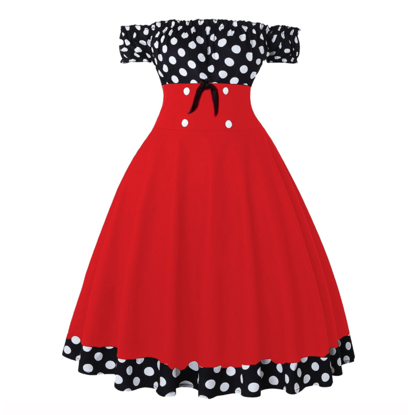 Vintage Rockabilly Kleid Schulterfrei in Rot Gepunktet Polka Dot
