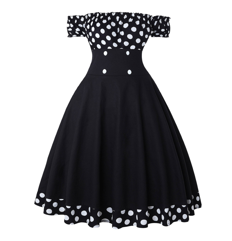 Vintage Rockabilly Kleid Schulterfrei in Schwarz Gepunktet Polka Dot