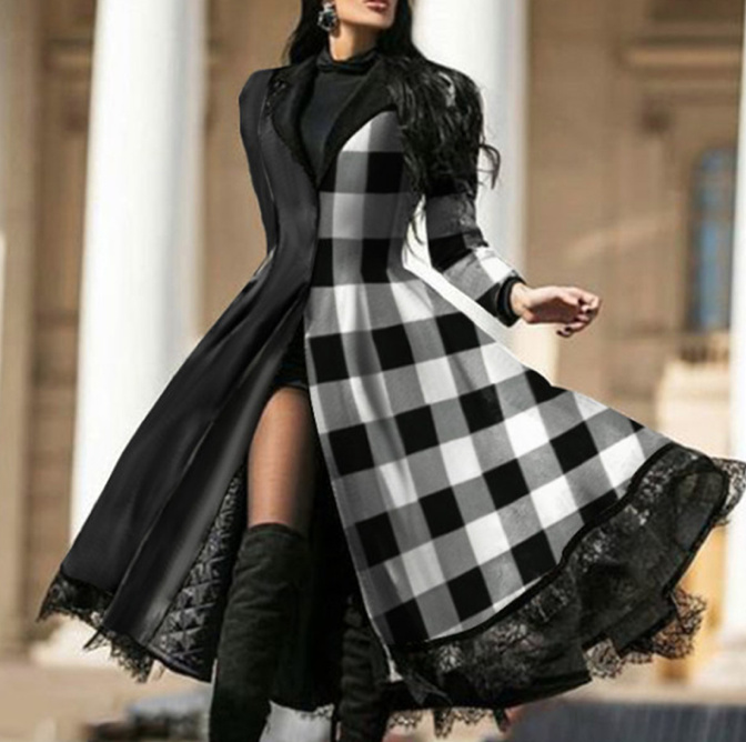 Vintage Style Langarm Kleid Wadenlang in Schwarz Kariert