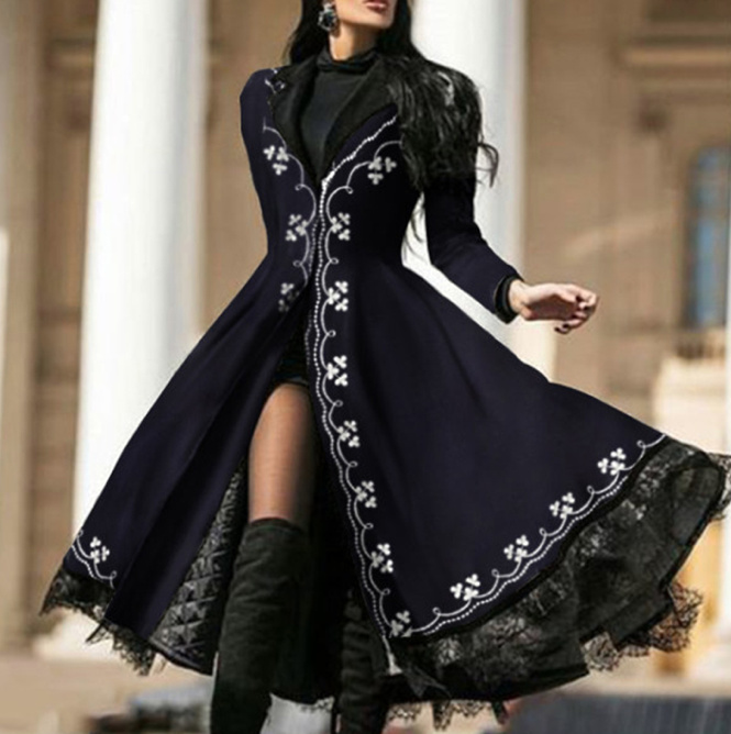 Vintage Style Langarm Kleid Wadenlang in Schwarz mit Applikationen