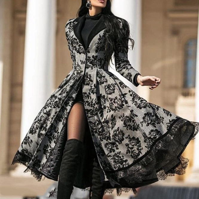 Vintage Style Langarm Kleid Wadenlang in Schwarz mit Spitze