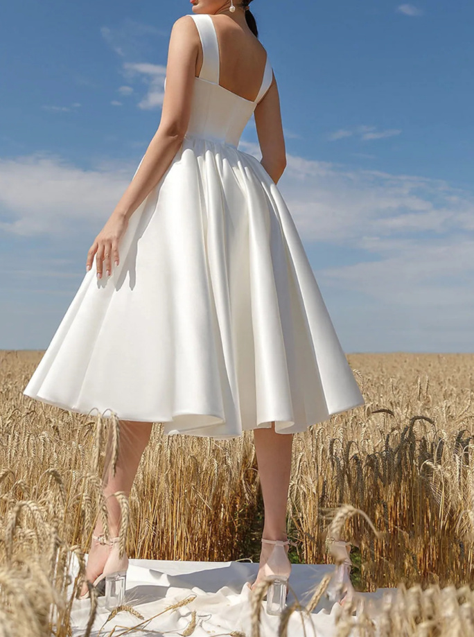 Weißes Satin A-Linie Abendkleid Wadenlang Elegant Standesamtkleid