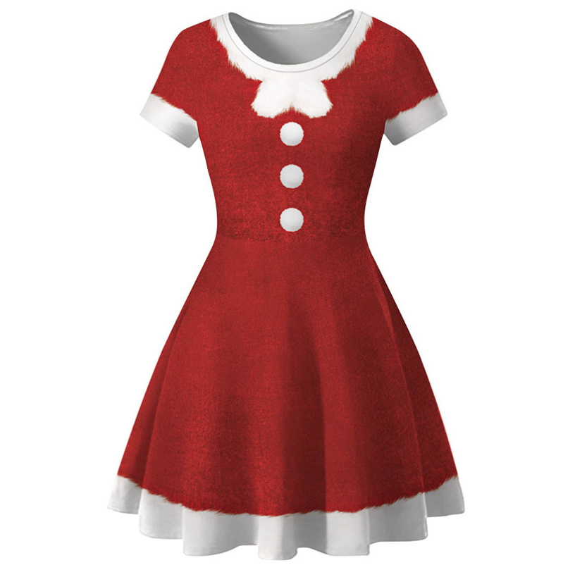 Xmas Kurzarm Weihnachtskleid Knielang in Rot Weiß 