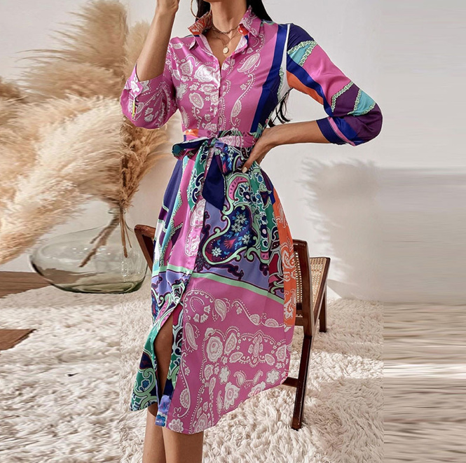 Langarm Vintage Sommerkleid mit Muster Kragen in Rosa 