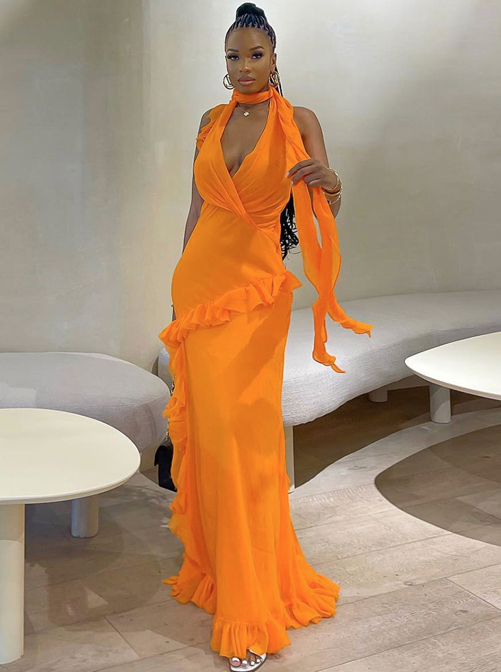 Sexy Neckholder Träger Chiffon Sommerkleid in Orange