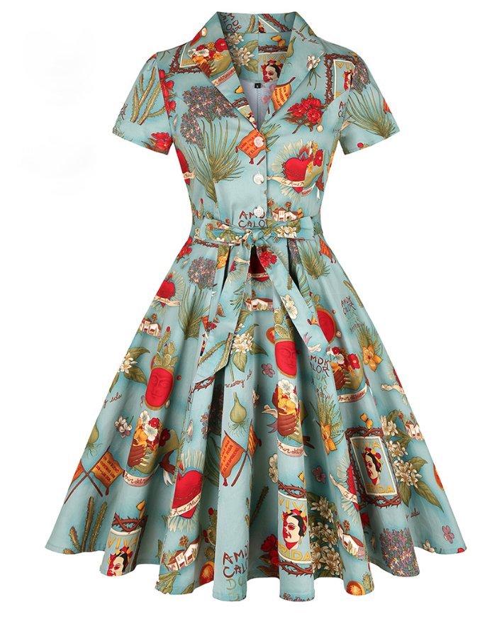 50 er Kurzarm Rockabilly Kleid Knielang Babette in Grün mit Vintage Muster