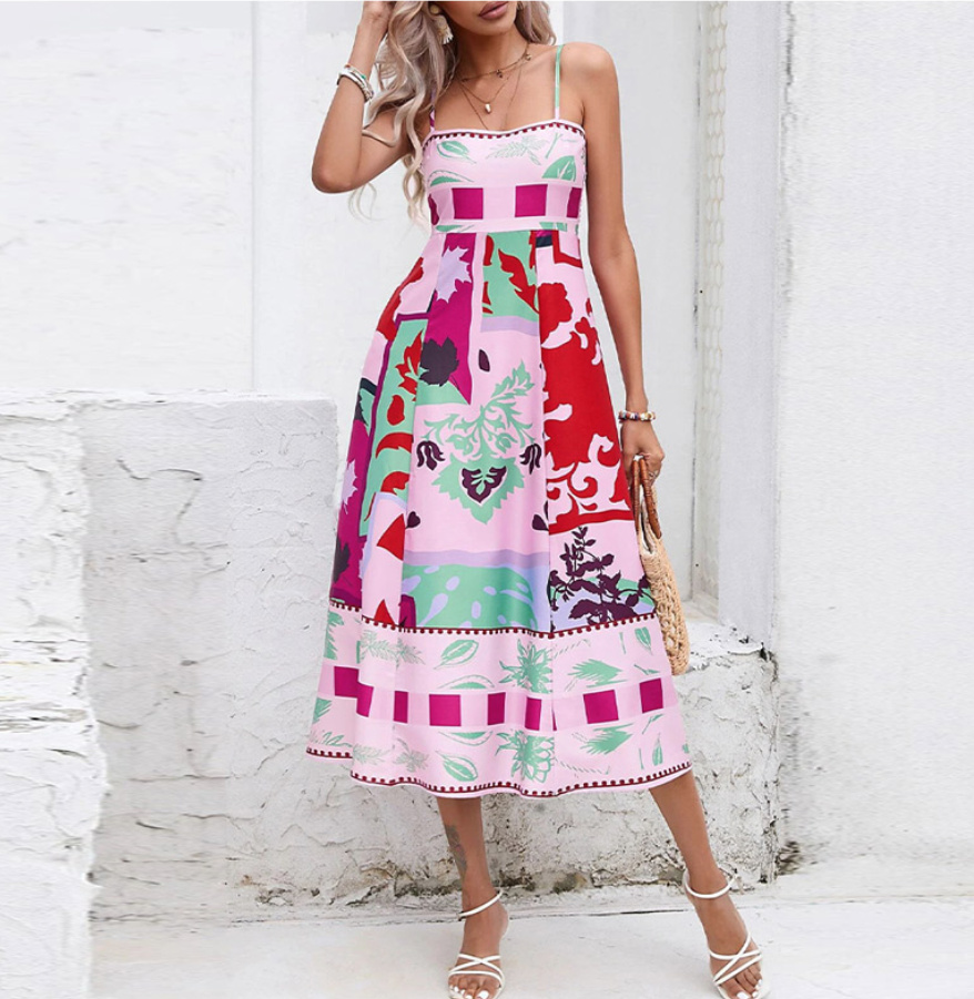 Spagettiträger Empire Sommerkleid Rosa mit Muster Knöchellang