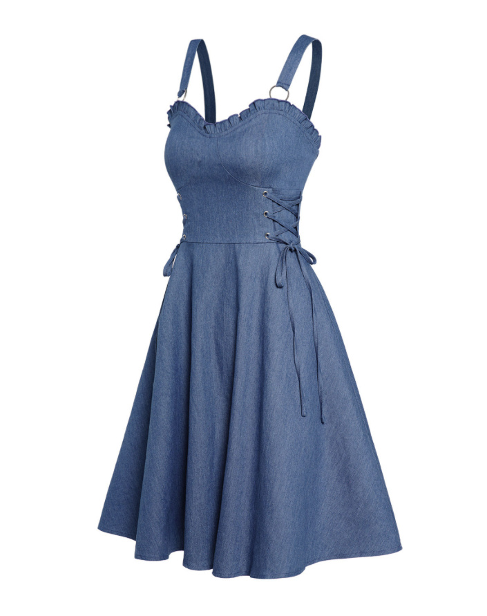 Rockabilly Style Jeans Kleid mit Träger in Blau
