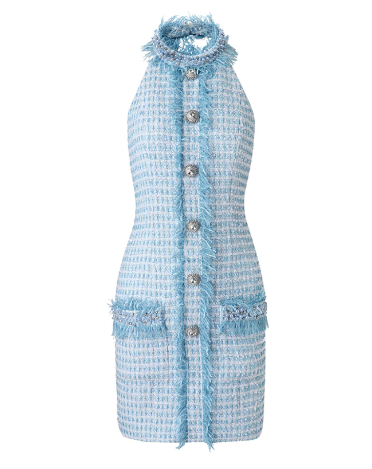 Neckholder Träger Bleistift Tweed Kleid mit Perlen in Hellblau