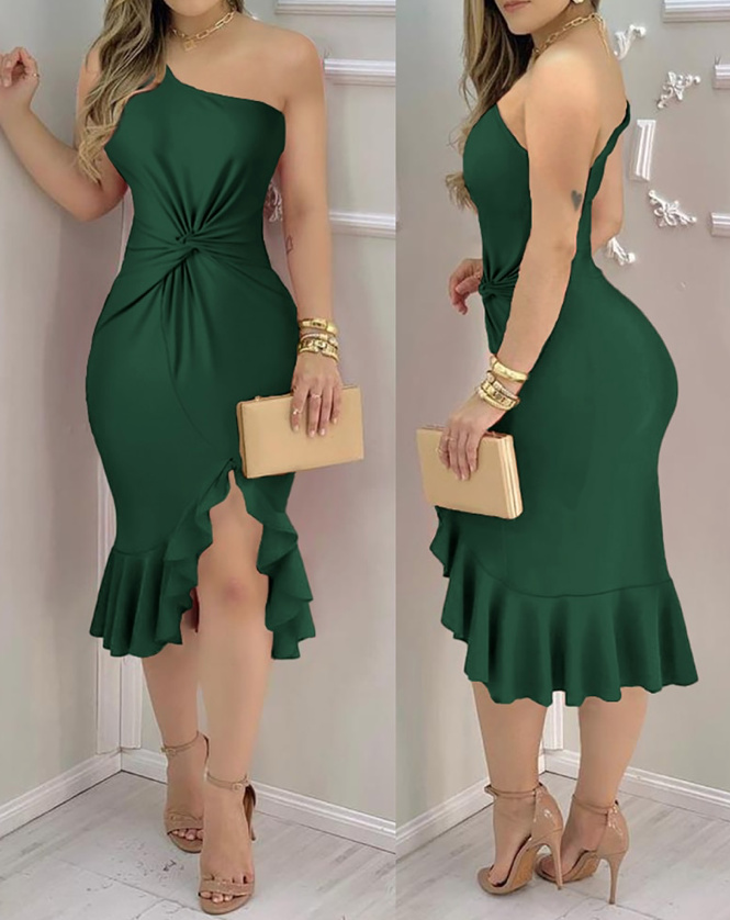 One Shoulder Träger Bleistift Kleid mit Rüschen in Grün Elegant Wadenlang