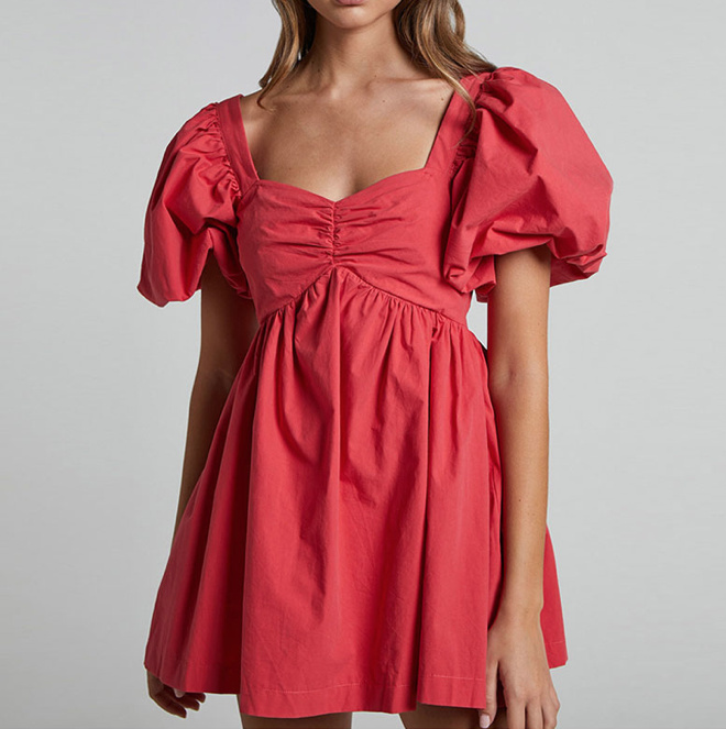 Babydoll Style Sommerkleid mit Ärmel Kurz in Rot