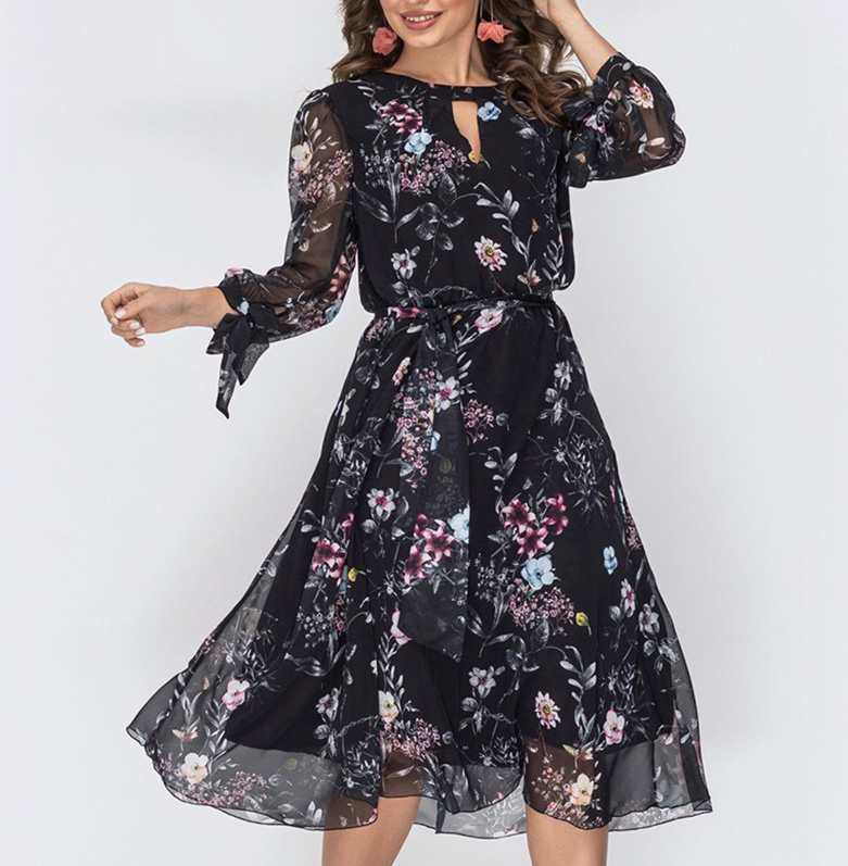 Langarm Midi Chiffon Kleid Elegant in Schwarz mit Blumenmuster