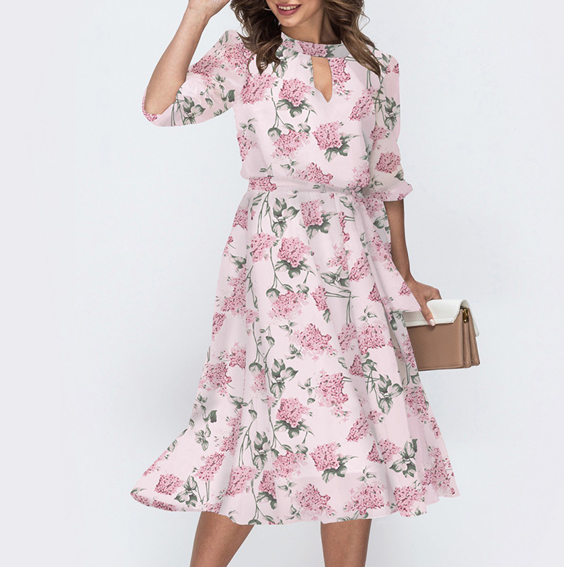 Langarm Midi Chiffon Kleid Elegant in Rosa mit Blumenmuster