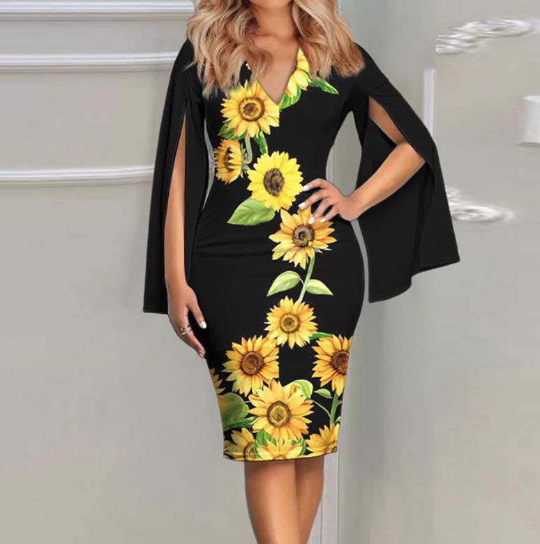 Elegantes Bleistift Kleid Cathrine Knielang in Schwarz mit Sonnenblumenmuster