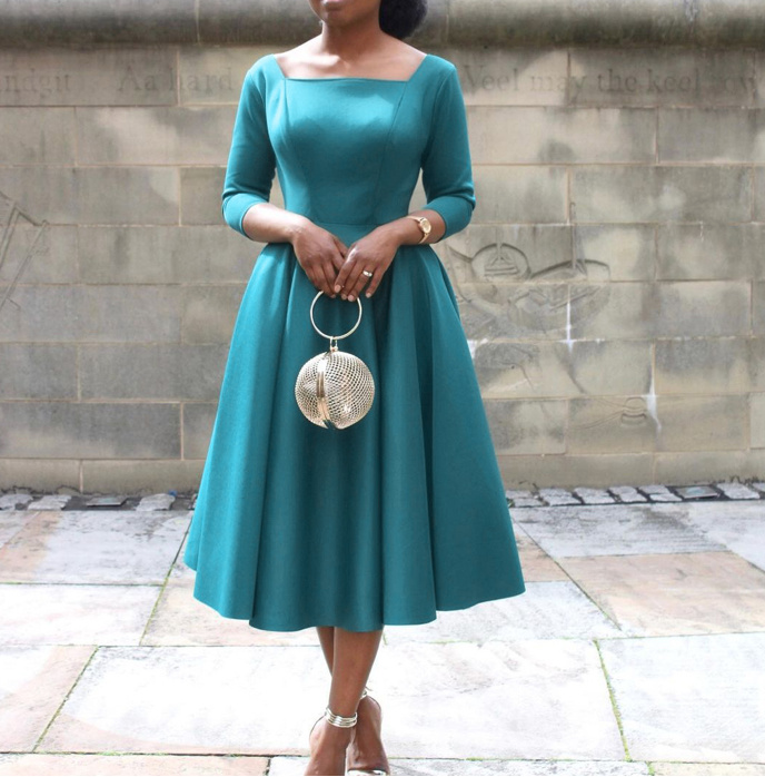 Schlichtes A-Linie Langarm Kleid Elegant Wadenlanges Abendkleid in Grün