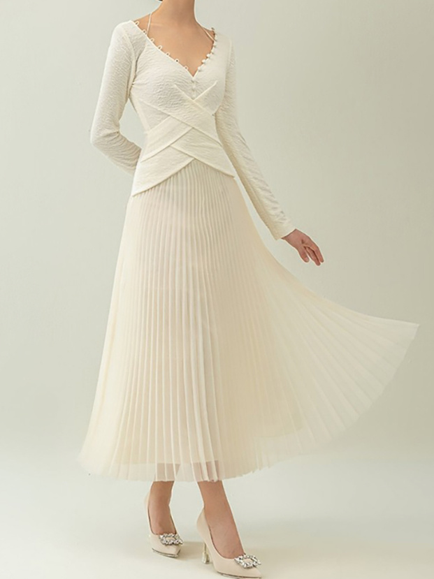 Plissee Maxi Kleid Elegant in Elfenbein Wadenlang